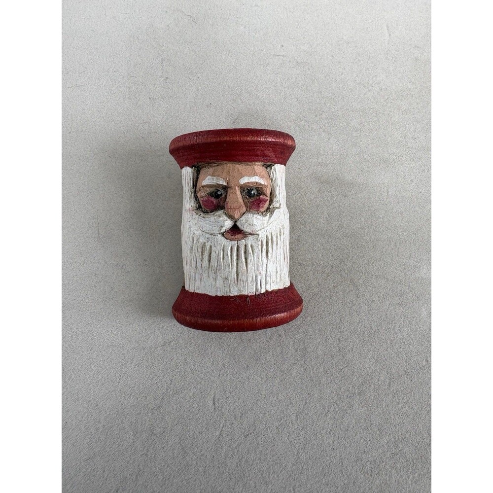 Vintage Hand Carved Wooden Thread Spool Santa Claus Christmas Folk Art Brooch